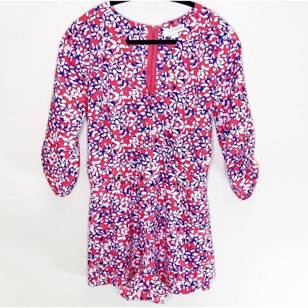 Yumi Kim Women's Red Floral Roll Tab Sleeve Romper Shorts with Pockets Size S